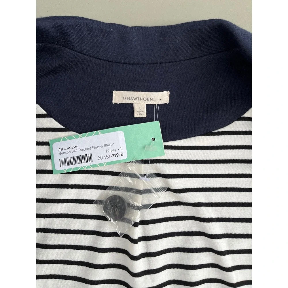 NWT 41 Hawthorn Benson 3/4 Ruched Sleeve Blazer Navy Blue Striped Lining